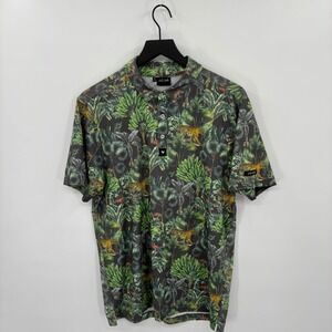 Bad Birdie Polo Shirt Mens Medium Green Jungle Tiger Print Performance Golf